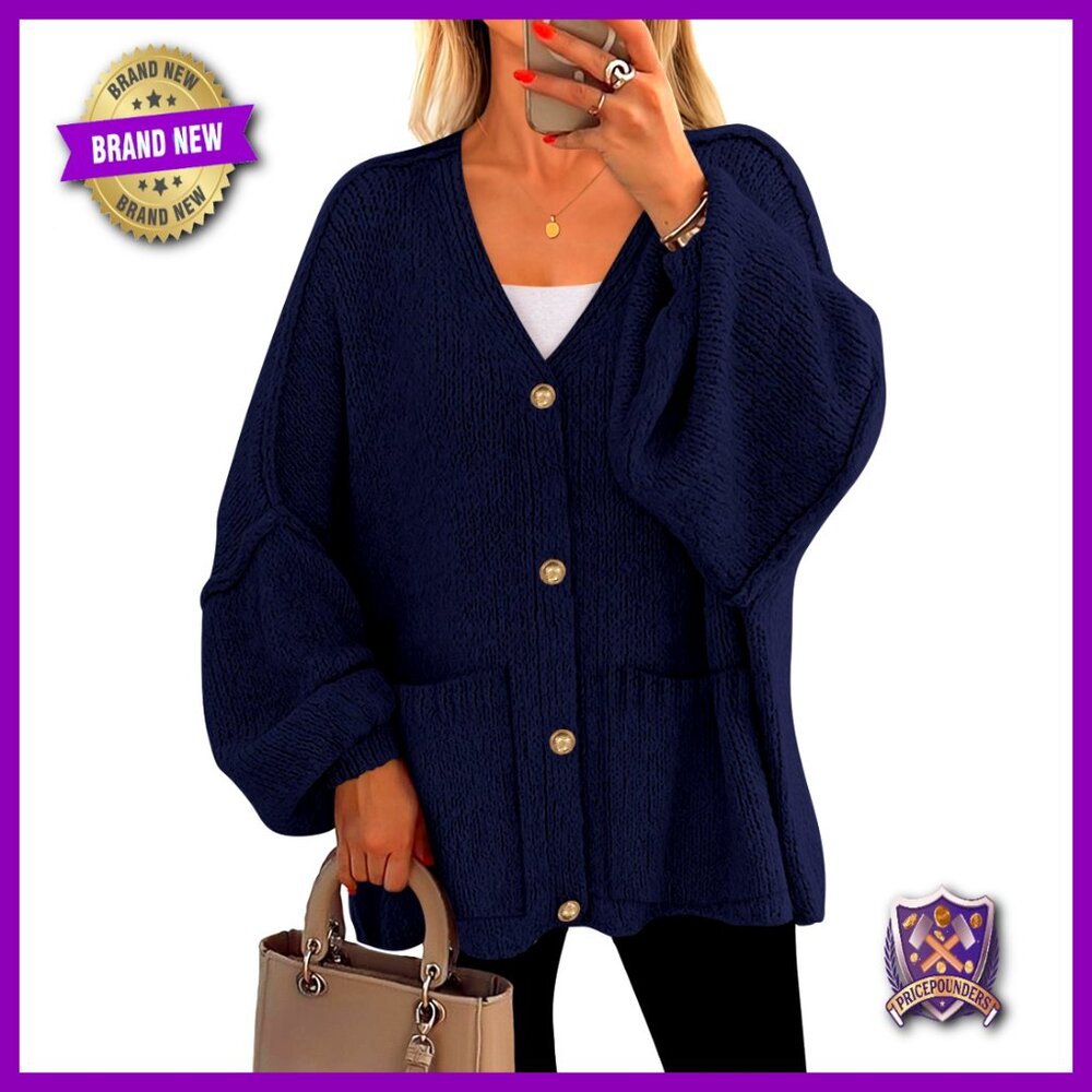 Oversized Chunky Cardigan Lantern Sleeve Button Down V-Neck Sweater